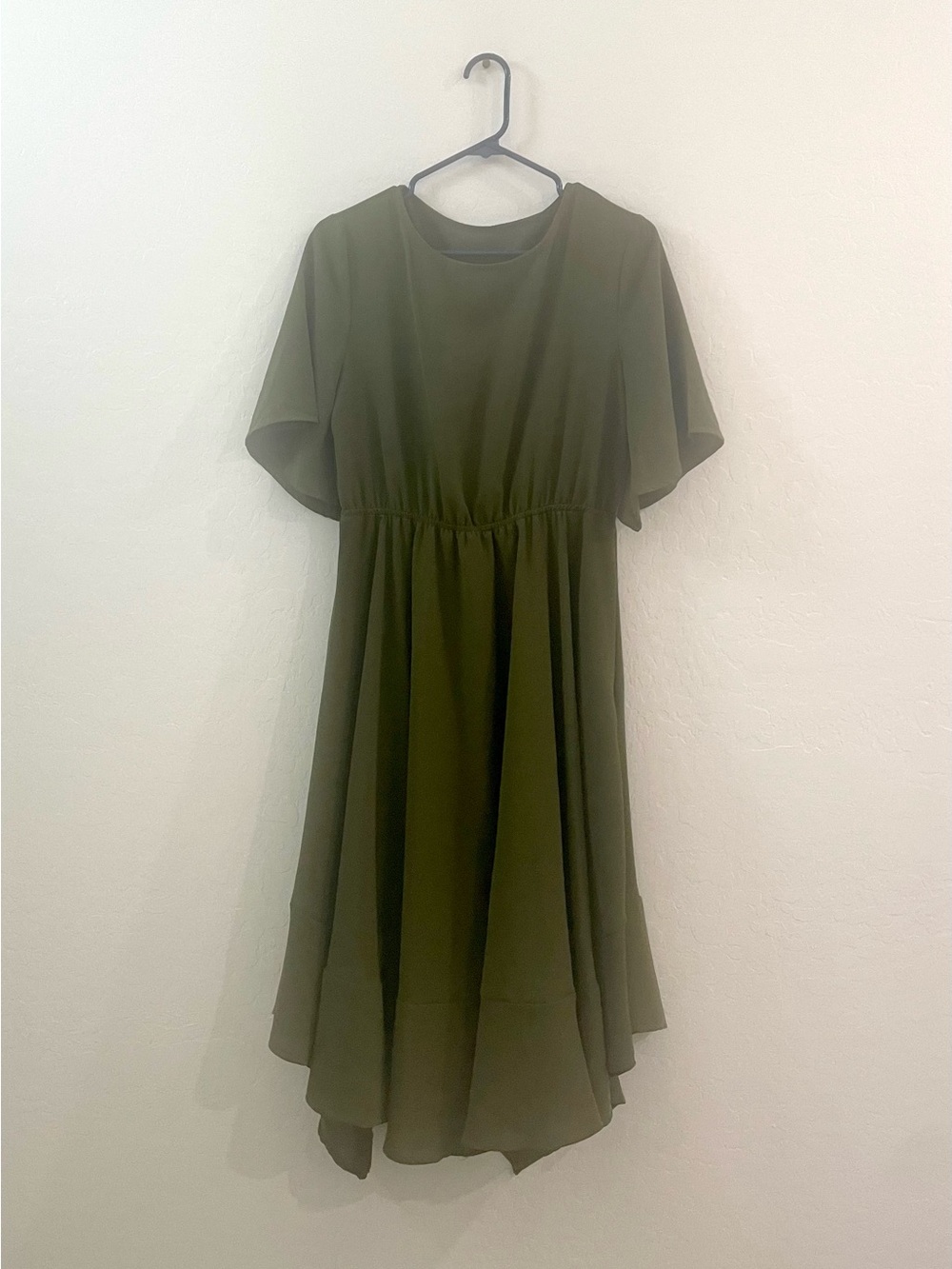 High-Low Olive Green Women's Dress with Flutter Sleeves